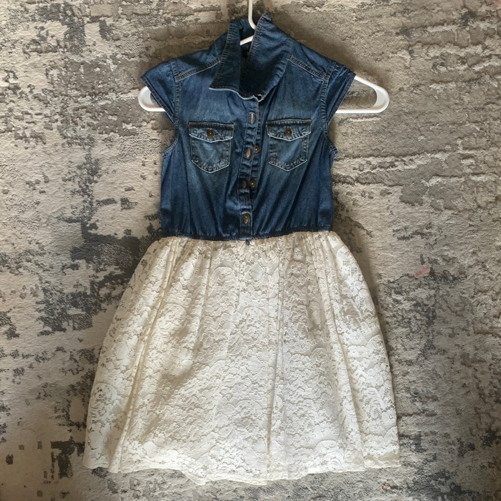Zunie Denim Bodice Lace Skirt Dress - Blue and Cream